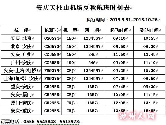 安庆机场夏秋航班时刻表 - 旅游户外 - 池州人论