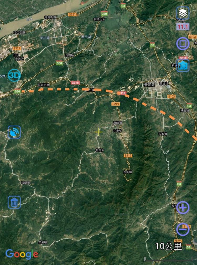 从卫星地图看,池黄高铁池州站至青阳境内已全线开工